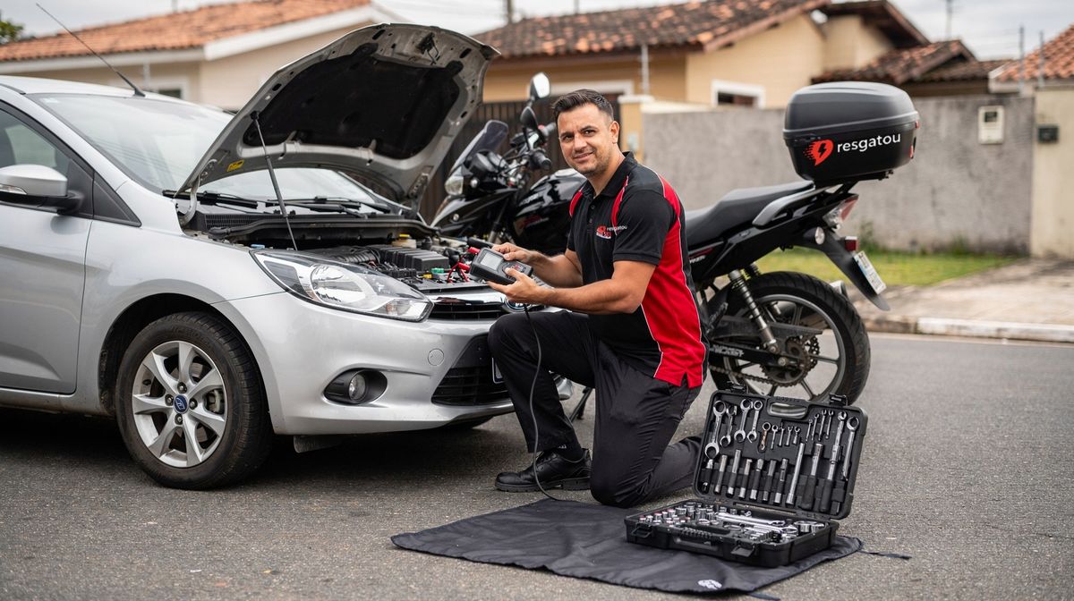 Técnico da Resgatou testando a bateria de um carro no local, em Osasco