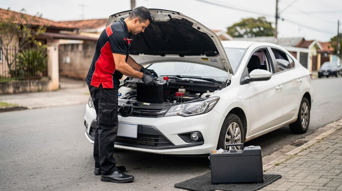Técnico da Resgatou instalando uma bateria nova no local