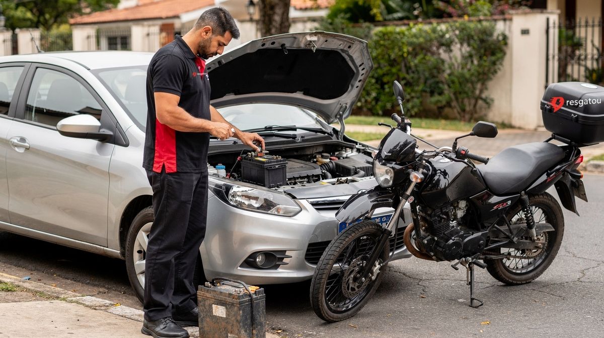 Técnico da Resgatou instalando a bateria nova no local, com a usada recolhida