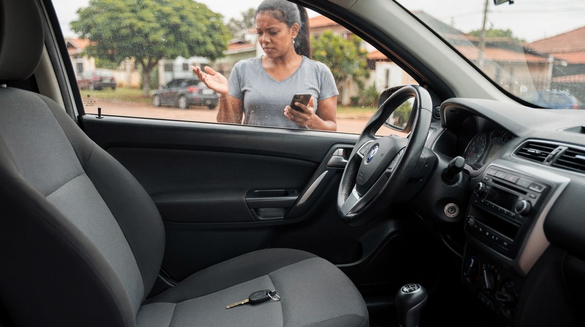 Chave esquecida no banco de um carro trancado, com a dona do lado de fora, em Osasco
