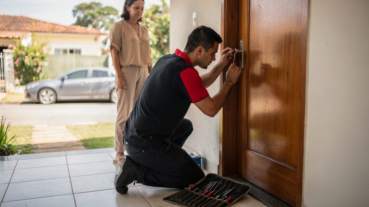 Chaveiro da Resgatou abrindo a porta de uma casa, com o carro na garagem ao fundo