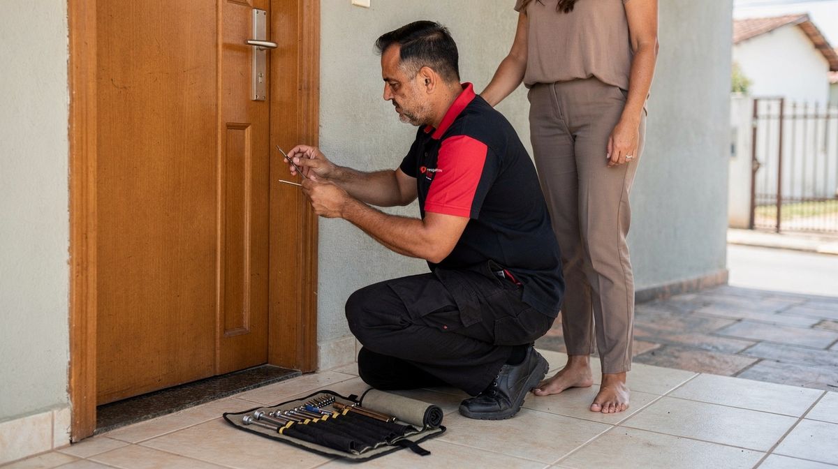 Chaveiro da Resgatou abrindo a fechadura de uma casa, com a moradora acompanhando ao lado