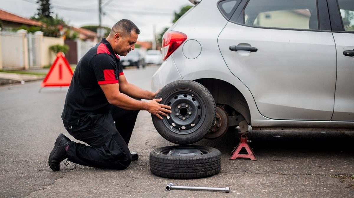 Técnico da Resgatou encaixando o estepe do carro, na rua